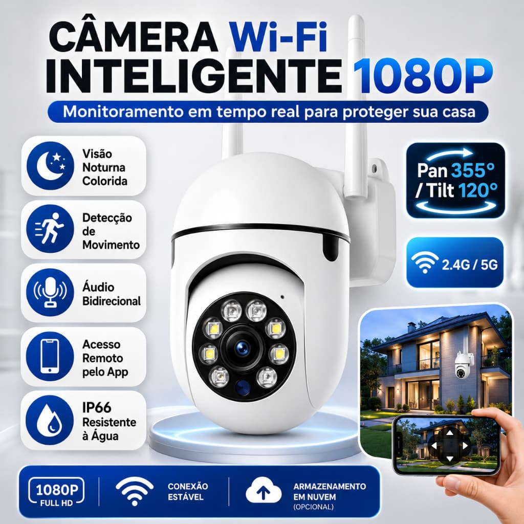 Câmera Segurança WiFi Externa 1080P 360° IP66 Visão Noturna Áudio Bidirecional App