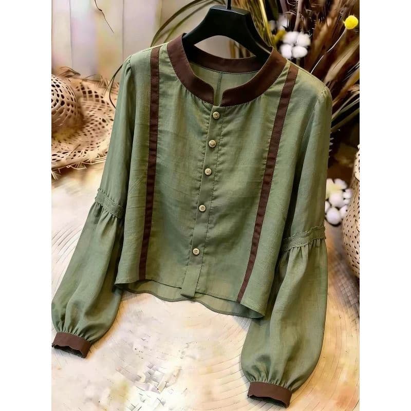 [Novidades] Camisa de manga lanterna verde estilo viajante 2026, Top elegante com costura em cores contrastantes