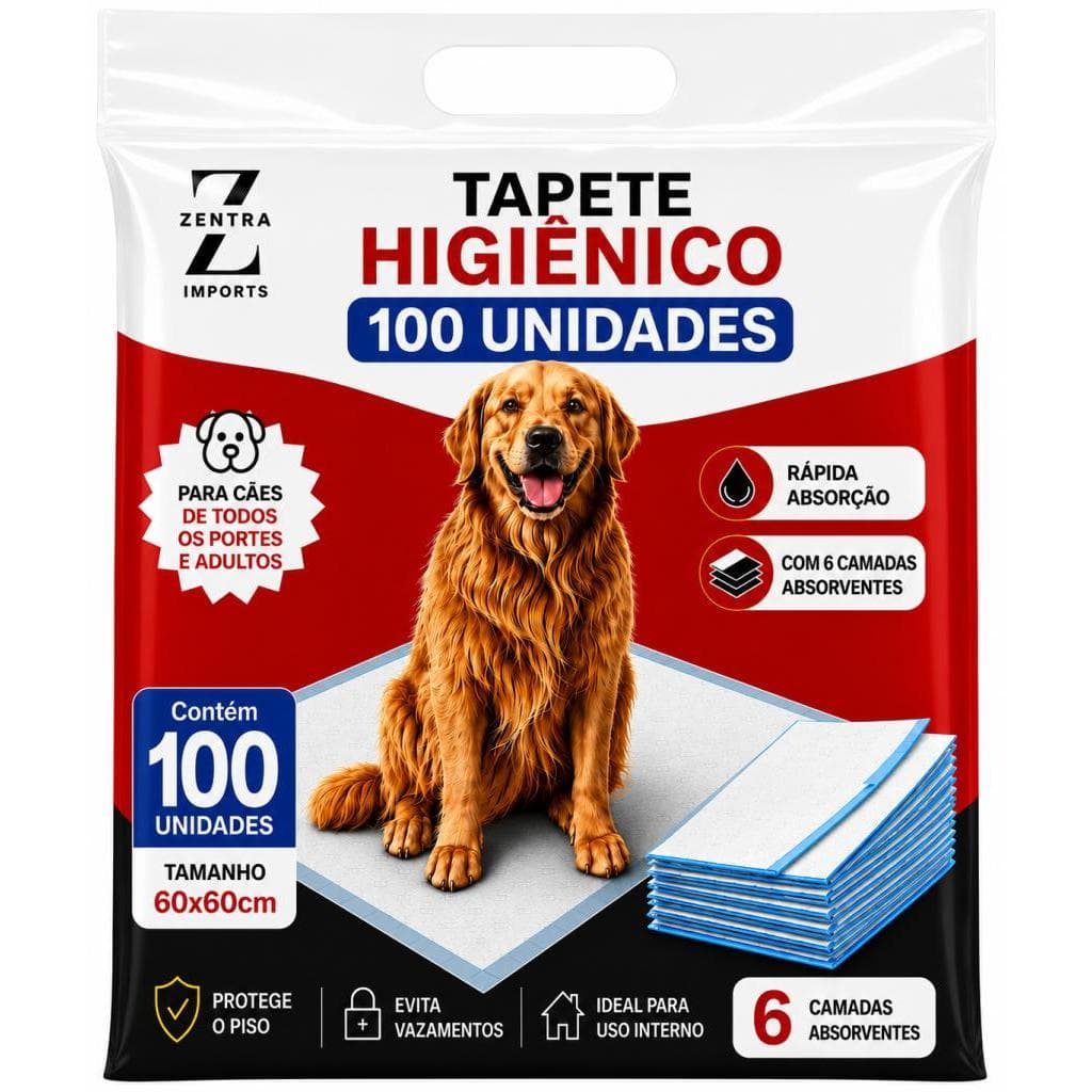 Tapete Higiênico Descartável para Cachorro 100 Uni 60x60 cm - Fralda Pet Xixi Cão 6 Camadas