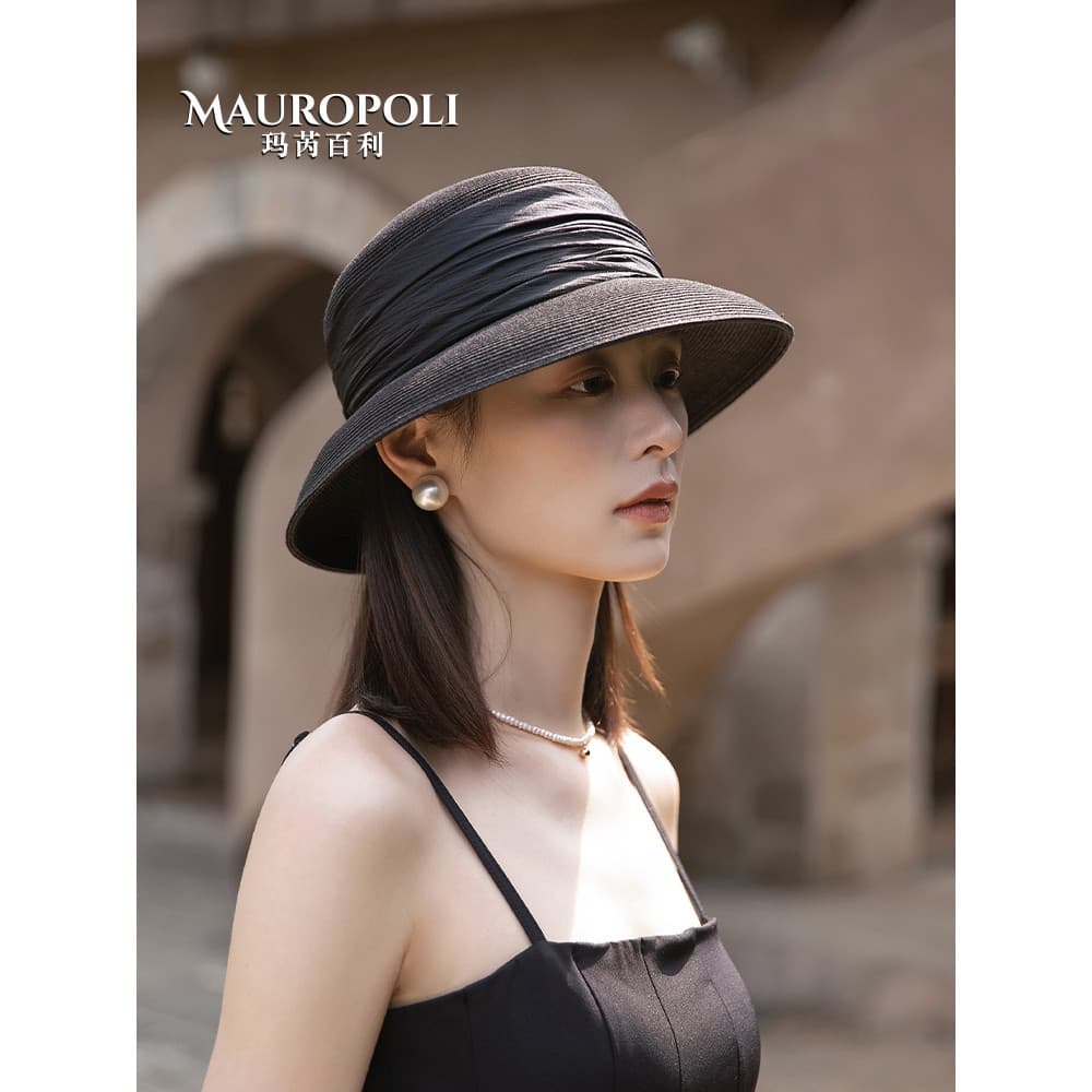 Francês elegante temperamento chapéu de palha chapéu de verão moda feminina Hepburn preto chapéu de sol protetor solar R