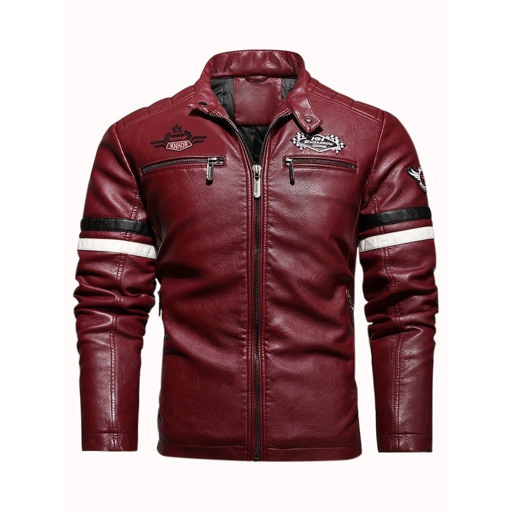 Jaqueta de Couro PU para Motociclistas Masculinos, Jaqueta de Motocicleta com Bordados e Blocos de Cores Contrastantes