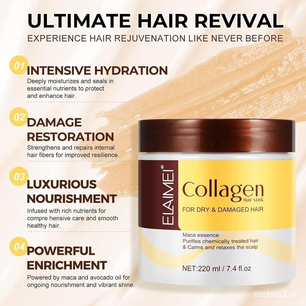Máscara capilar de colágeno, essência de máscara capilar contendo óleo de argan, adequada para cabelos secos e danificad