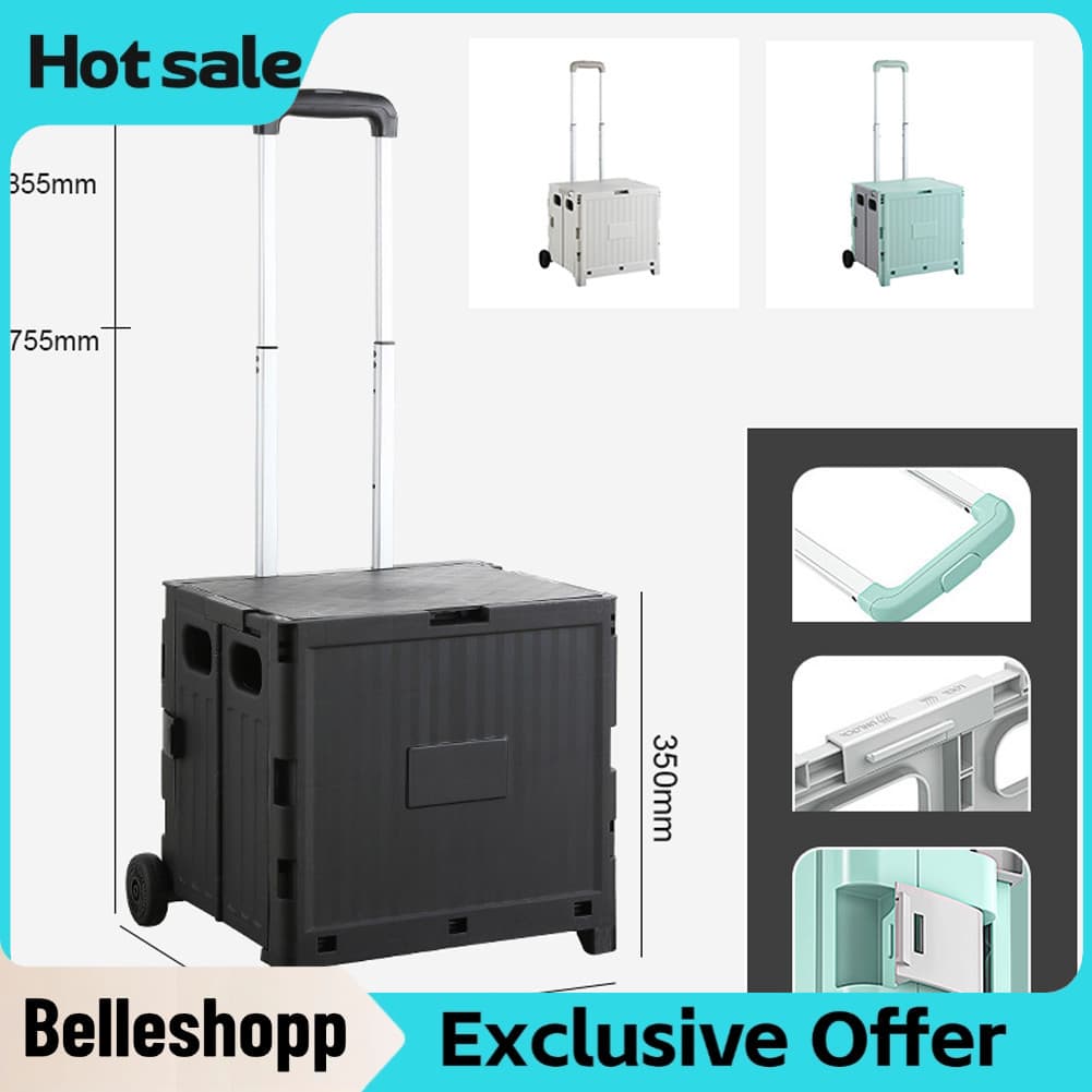 Belleshopp-br Carrinho de caixa dobrável portátil, empurrador manual, carrinho de compras com barra telescópica de liga