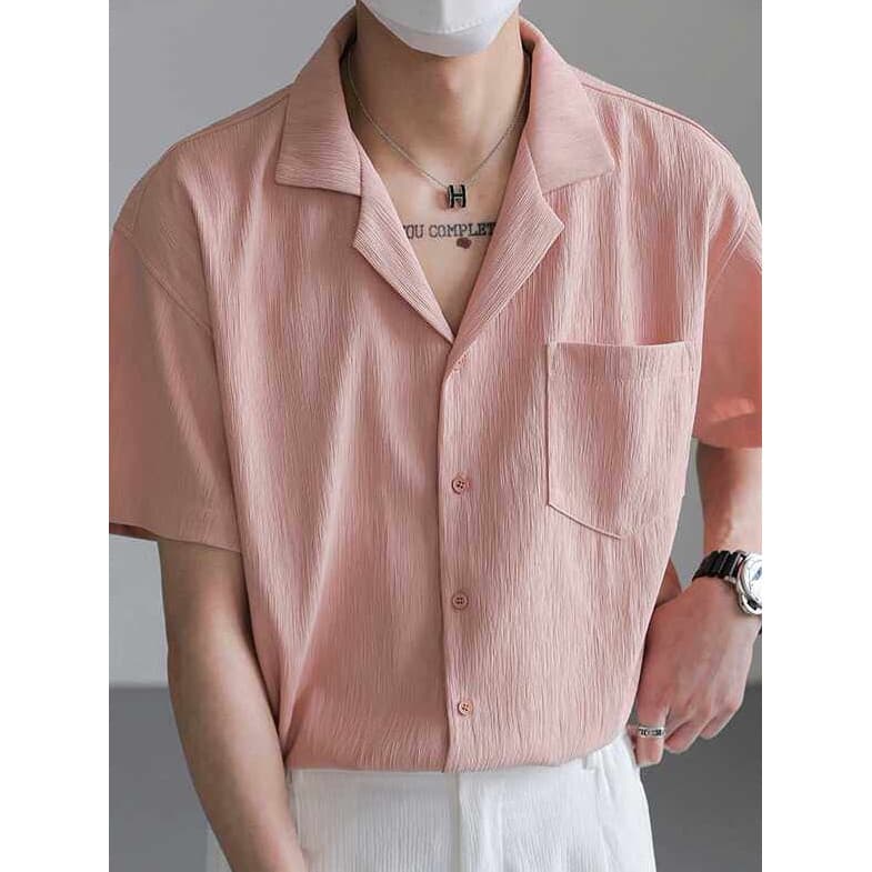 Gola cubana camisa de manga curta masculina verão Street Wear High-End solto luz estilo maduro ins Drape gelo seda praia