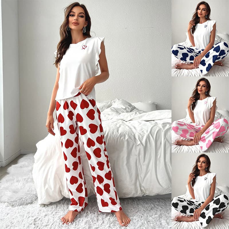 Calças de manga de folha de lótus russa amor Casual confortável pijama feminino pode usar fora do salão