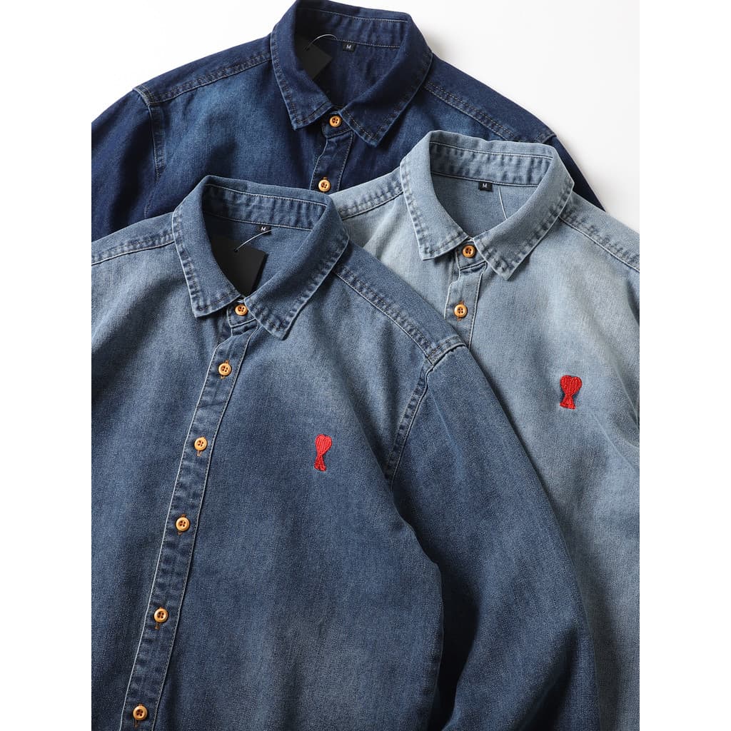 Americano cáqui Retro lavado angustiado Denim camisa masculina estilo japonês estilo Preppy bordado Casual camisa de man
