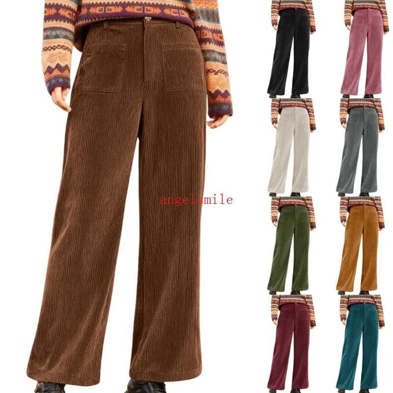 Ace Calças Femininas De Veludo Slim Fit Cintura Média Elástica Casual Perna Larga Cor Sólida Ajuste Solto