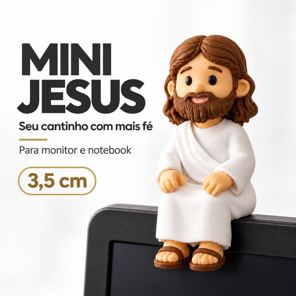 Boneco Mini Jesus Sentado 3,5cm para Monitor Computador Notebook Decoração Religiosa Mesa Prateleira