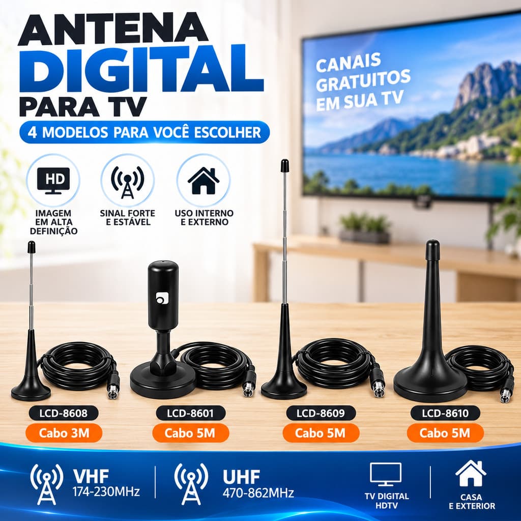📡 Antena Digital Para TV HDTV UHF VHF Cabo 3m Ou 5m Interna 4 Modelos Sinal Digital