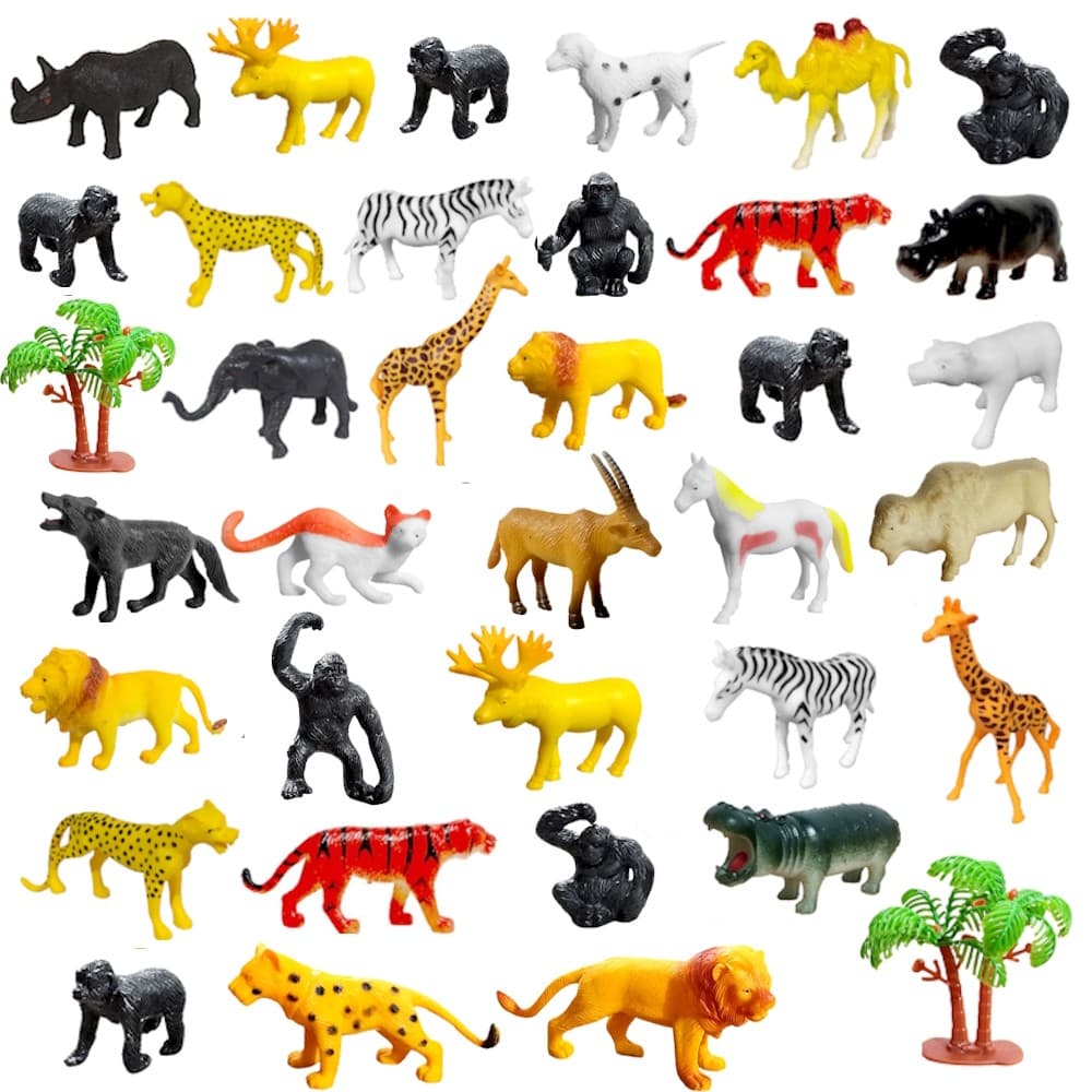 Kit Animais da Selva com 34 bichos de plástico Maciço e 2 Arbustos Figuras de Ação