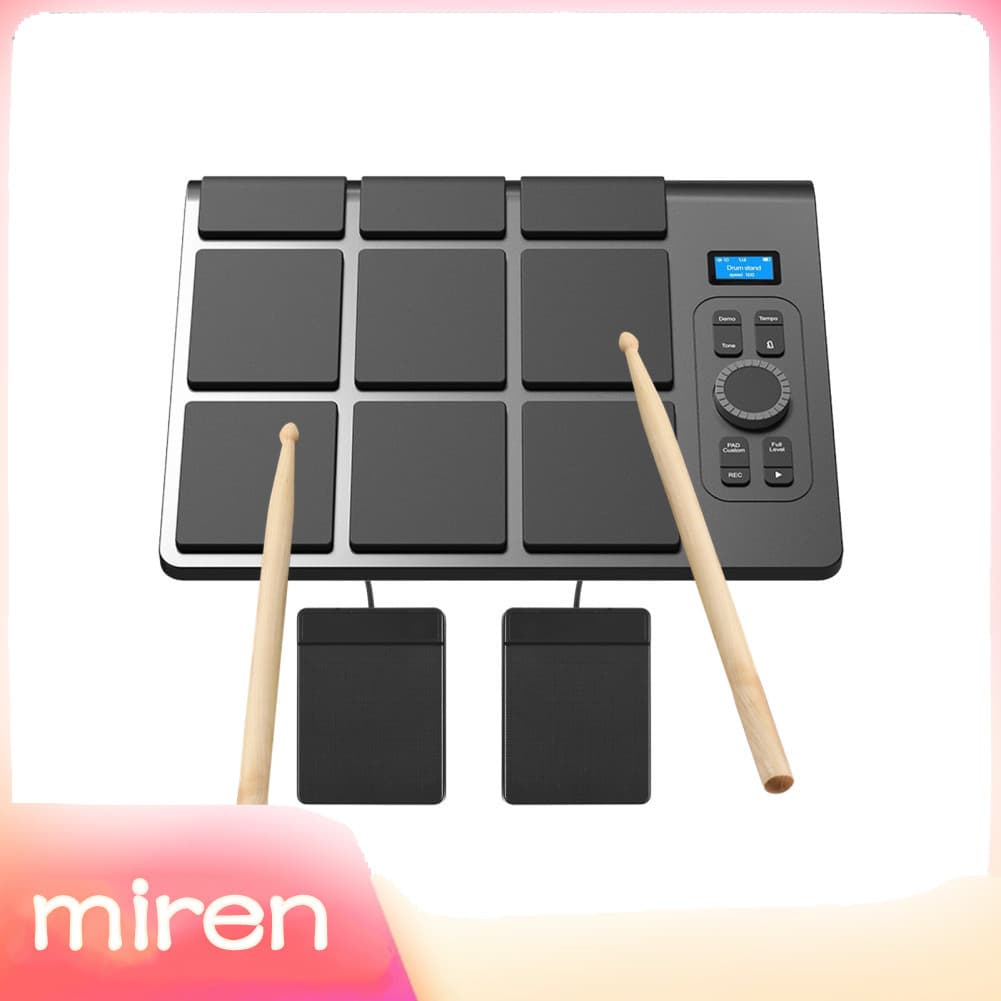 miren.br Bateria eletrônica de mesa com 2 alto-falantes 9 pads Iluminação colorida Suporta BT MIDI Várias conexões de