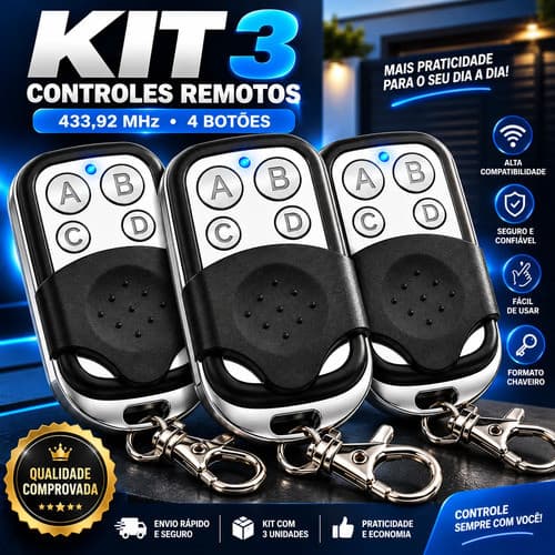 Kit 3 Controle Remoto Universal 4 Botões Para Portão Eletrôn Preto/prata