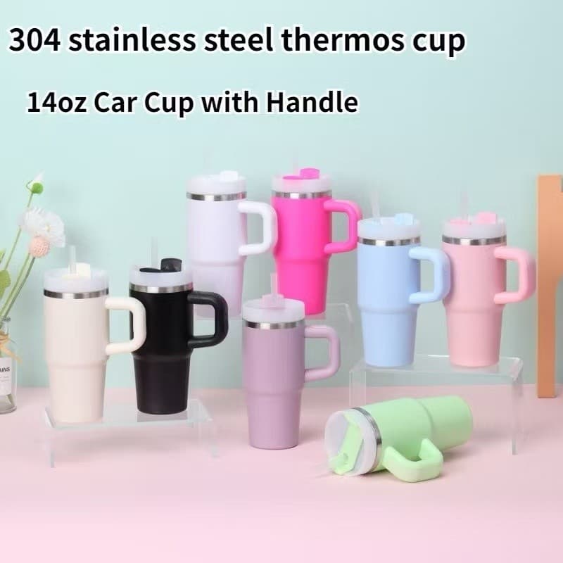 Copo Termico Isolado A Vácuo 14oz 550ml Garrafa Inoxidável Com Alça Palha Portátil De Carro Caneca De Viagem