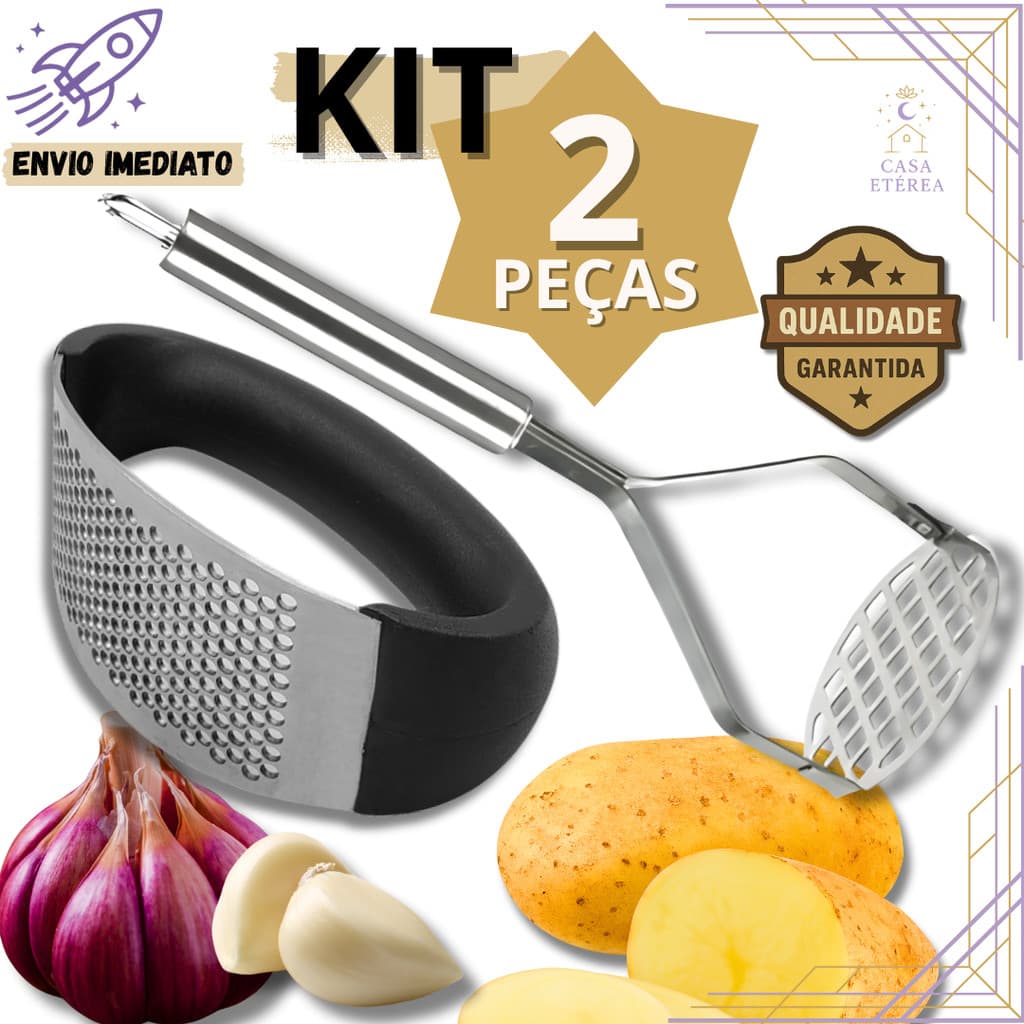 Jogo 2 Amassador de Batatas e Alho Inox Utensílios de Cozinha Reforçados para Casa Restaurante  Buffet