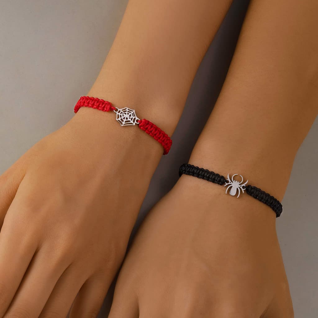 2 Pçs Popular Aranha Tecido Casal Pulseiras Amizade Artesanal Trançado Corda Ajustável Festa De Halloween Jóias
