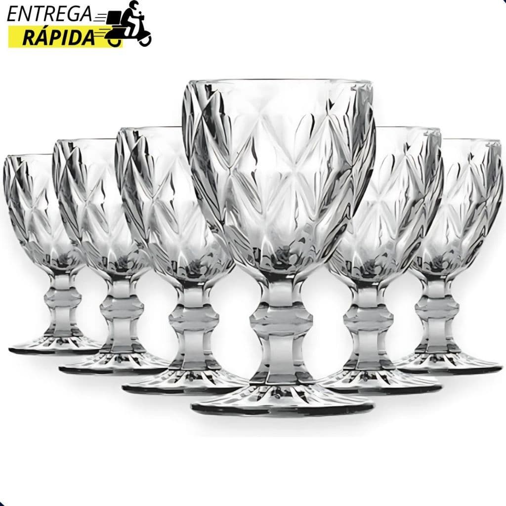 Jogo 6 Taças Em Vidro Diamond Transparente Água Vinho Drink Kit Sobremesa