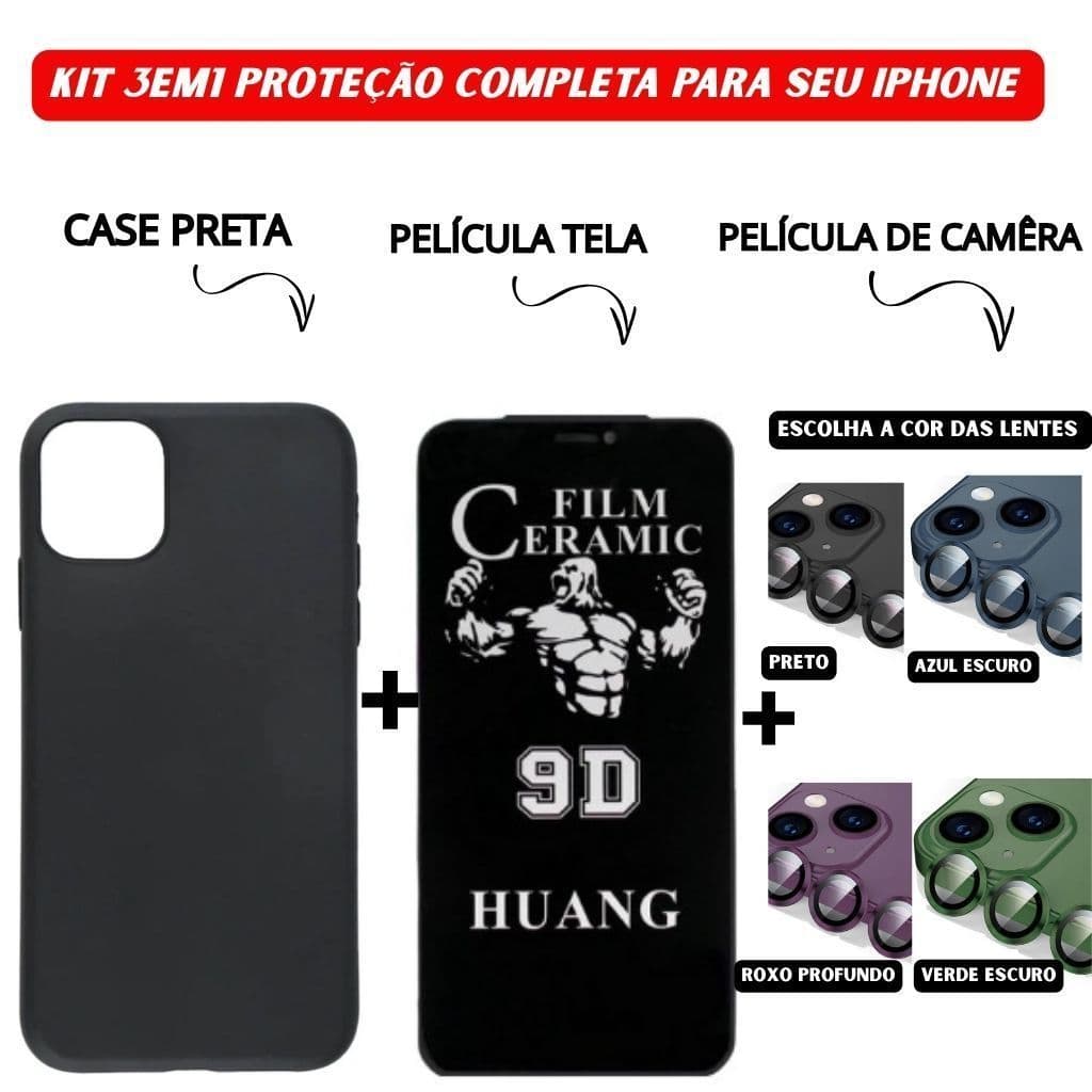 Kit 3em1 Case Preta + Película Câmera Colorida + Cerâmica Privacidade p/ iPhone 11-16 Pro Max _ ZAZ