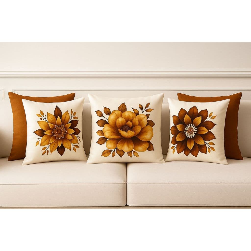 Kit 5 Almofadas Pintadas Terracota 45x45cm Telha Aveludada e Suede Decoração Floral Sala e Quarto