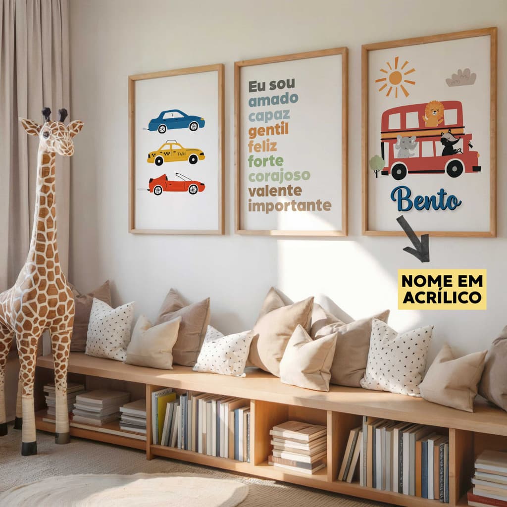 Quadro Decorativo 3 peças CARRINHOS Decoração Quarto Infantil Menino - NOME EM ACRÍLICO KSMGG23