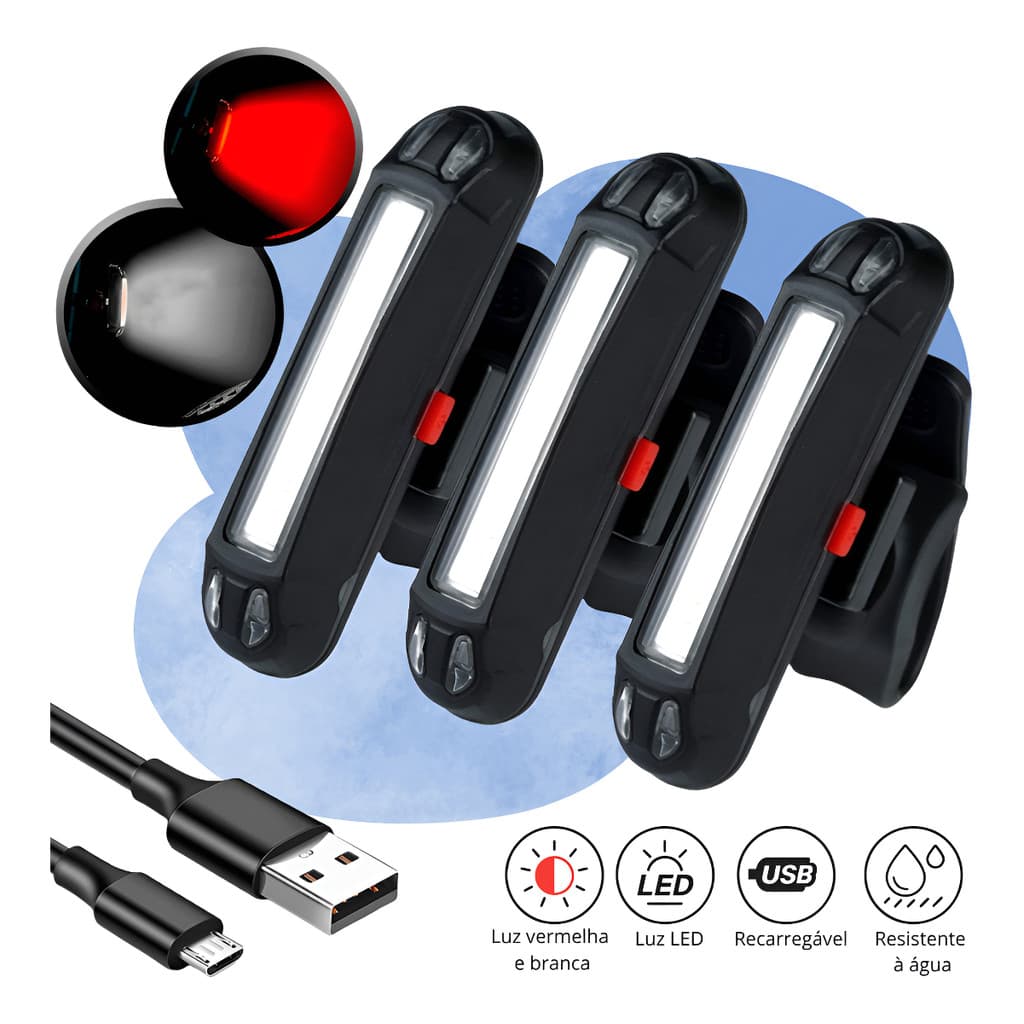 Kit 3 Lanterna Bike Sinalizador Traseiro Led Branco Vermelho Recarregável Farol Bicicleta Preto