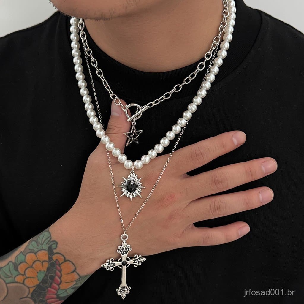 Colar Masculino Hip Hop Pérola Multi Camadas Cruz Coração Estrela Streetwear Estilo Presente
