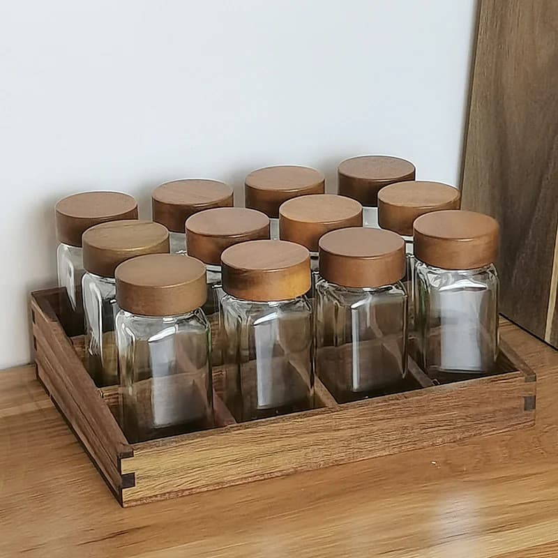 Estilo japonês caixa de tempero de madeira maciça cozinha do agregado familiar tempero jar conjunto de vidro selado jar