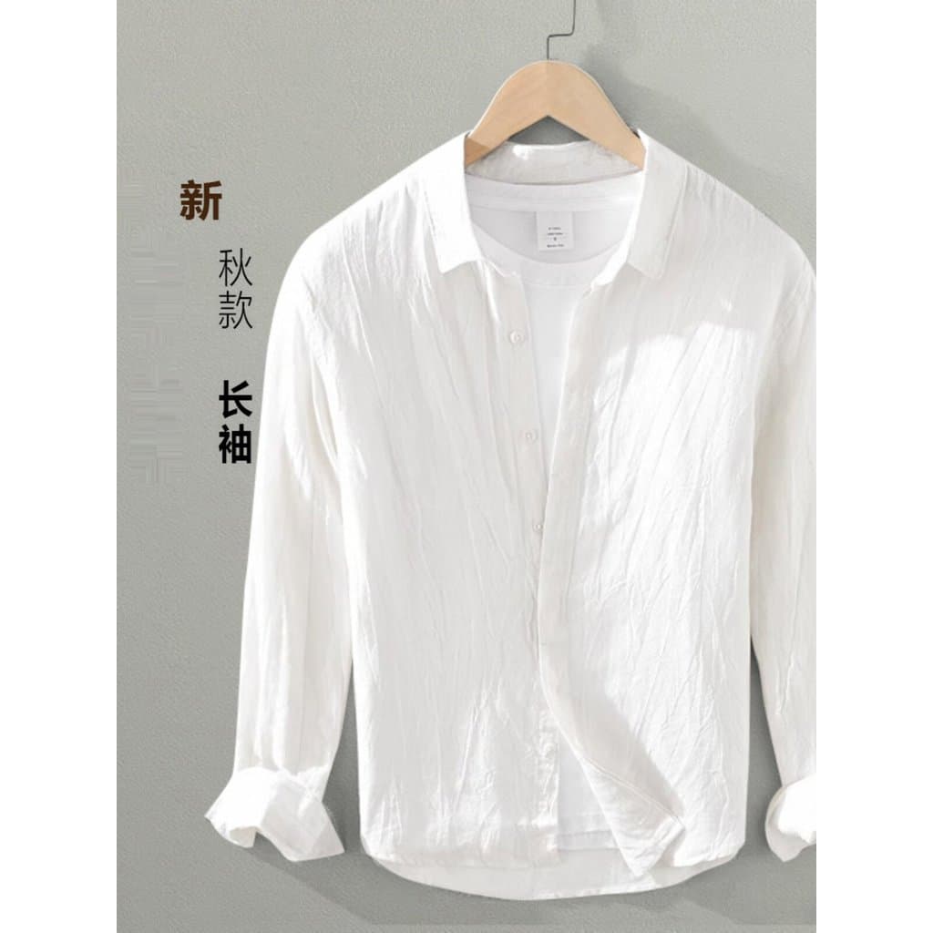 Verão novo estilo estilo fino linho puro respirável Retro arte camisa de manga curta masculina camisa branca macia taman