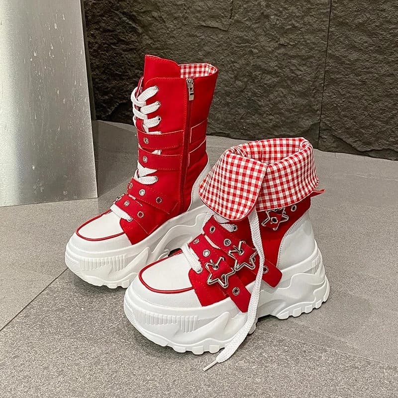 Botas de cano médio de outono, novas, com bico redondo, cadarço frontal, plataforma antiderrapante, tamanho até 42 KOBF