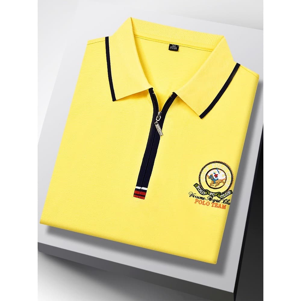 Verão High-End amarelo manga curta camiseta masculina bordado meia manga topo solto tamanho grande La