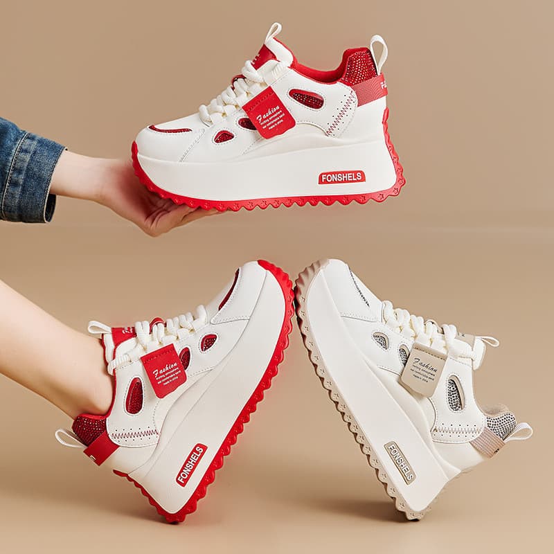 Tênis Femininos Brancos de Sola Grossa da Moda 2025, Sapatos Multifuncionais de Couro Genuíno que Aumentam a Altura, ade