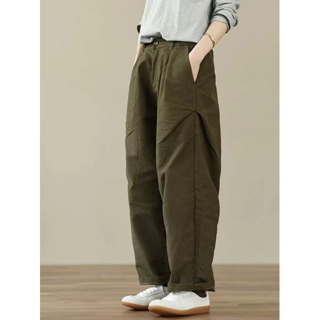 Zimo Qinghe ~ Macacão japonês lateral plissado mais fino olhar calças casuais femininas outono inverno solto calças de p