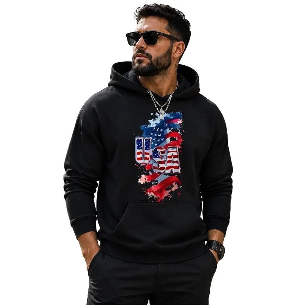 Moletom Estampado Algodão Macio Bolso e Capuz USA Bandeira