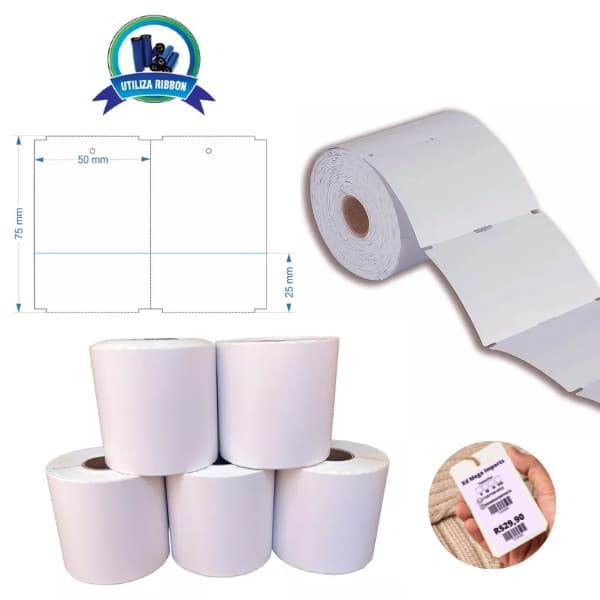 5 Rolos Etiqueta Tag Roupa 50x75mm 5x7,5cm (2 colunas) 1 picote Couche Zebra Argox Elgin - Rolo c/ 30m