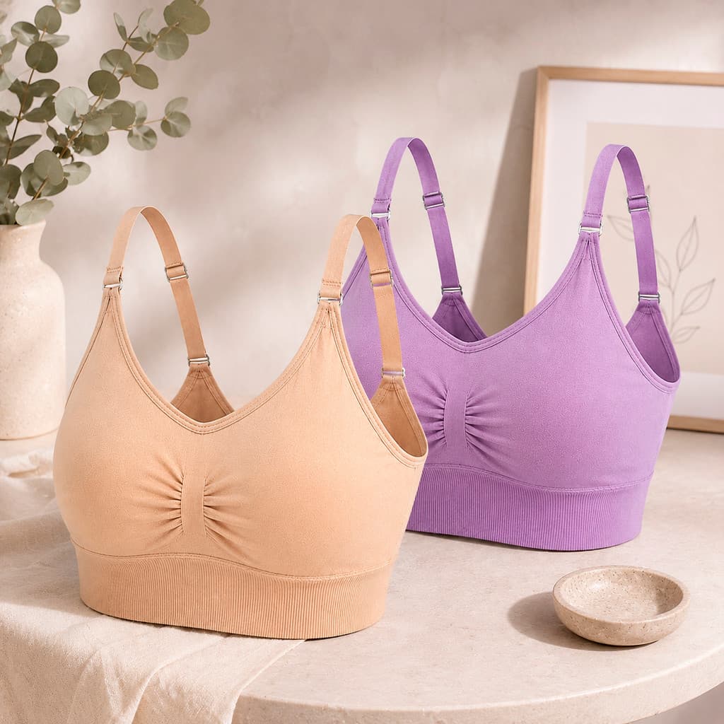 Kit com 2 Tops Sutiã Feminino Sem Costura Alça Fina Canelado com Bojo Removível