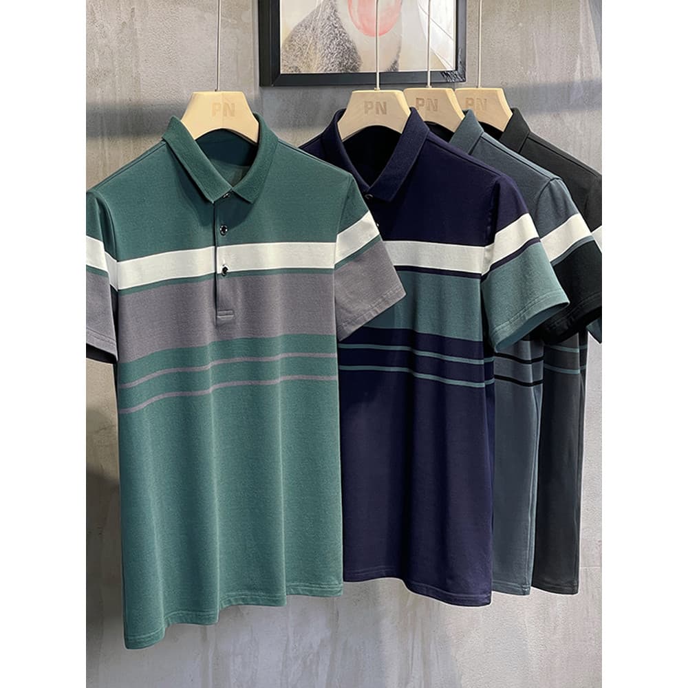 Camiseta masculina de manga curta verão novo estilo de meia-idade listrado pai camisa roupas superiores camisa Polo Casu