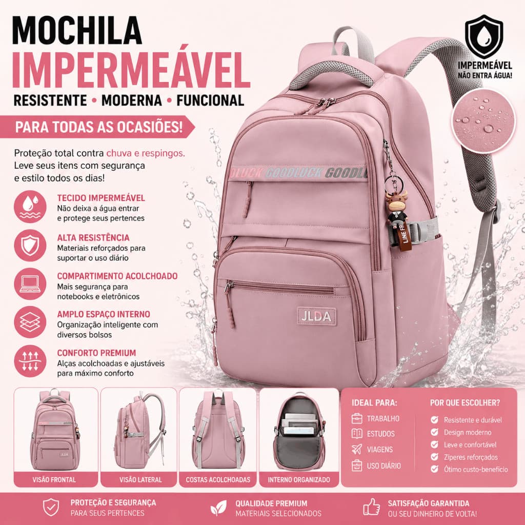 Mochila Feminina Impermeável Grande Reforçada Faculdade Escola Trabalho Viagem Rosa Premium