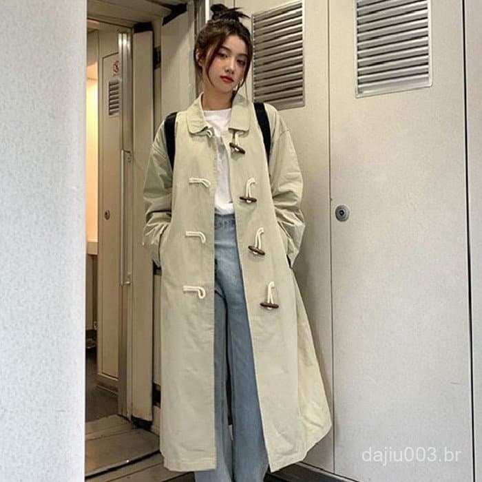 ⭐ ⭐ Novo Casaco Longo Estilo Coreano para Primavera e Outono com Botões de Chifre, Estilo Casual Simples de Trabalho Jap