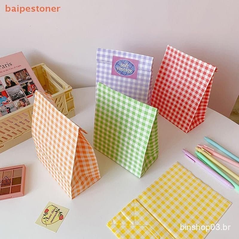 [baipestoner] 20 Unidades De Papel Kraft Xadrez Colorido Bolsa Festa De Aniversário Formatura Saco De Presente De Natal