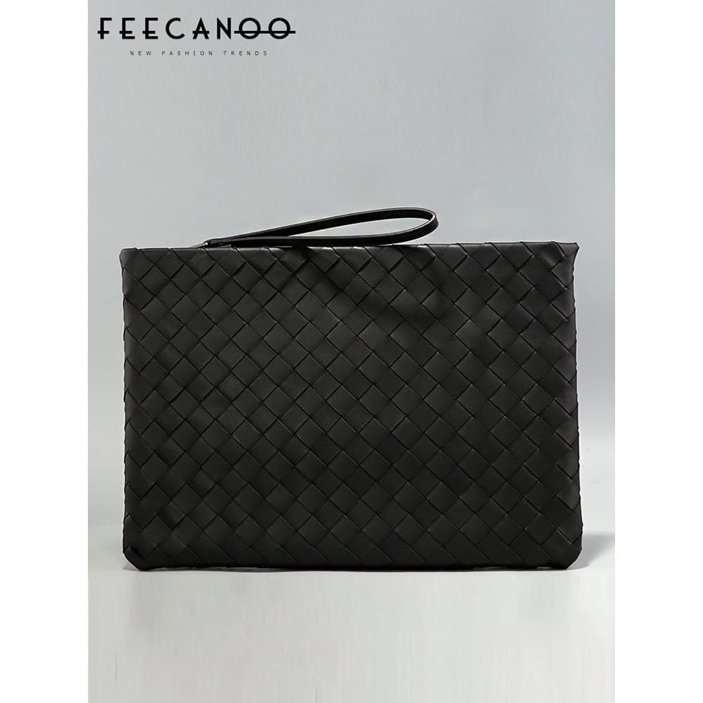 Novo japonês mão-tecido bolsa Casual embreagem clipe de couro masculino na moda saco preto