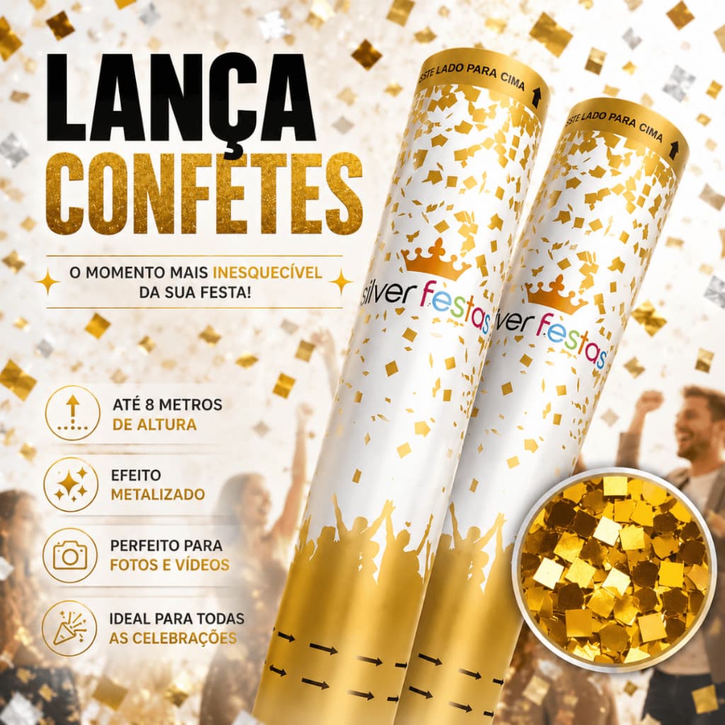 Kit Lança Confete 2 a 10un 30cm – Rose Gold, Prata, Dourado, Colorido – Festa Réveillon Formatura