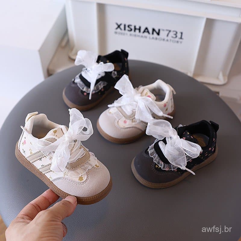 Crianças Sapatos Casuais 2025 Novas Meninas Doces Princesa Tênis Rendas Babados Borda Antiderrapante Moda