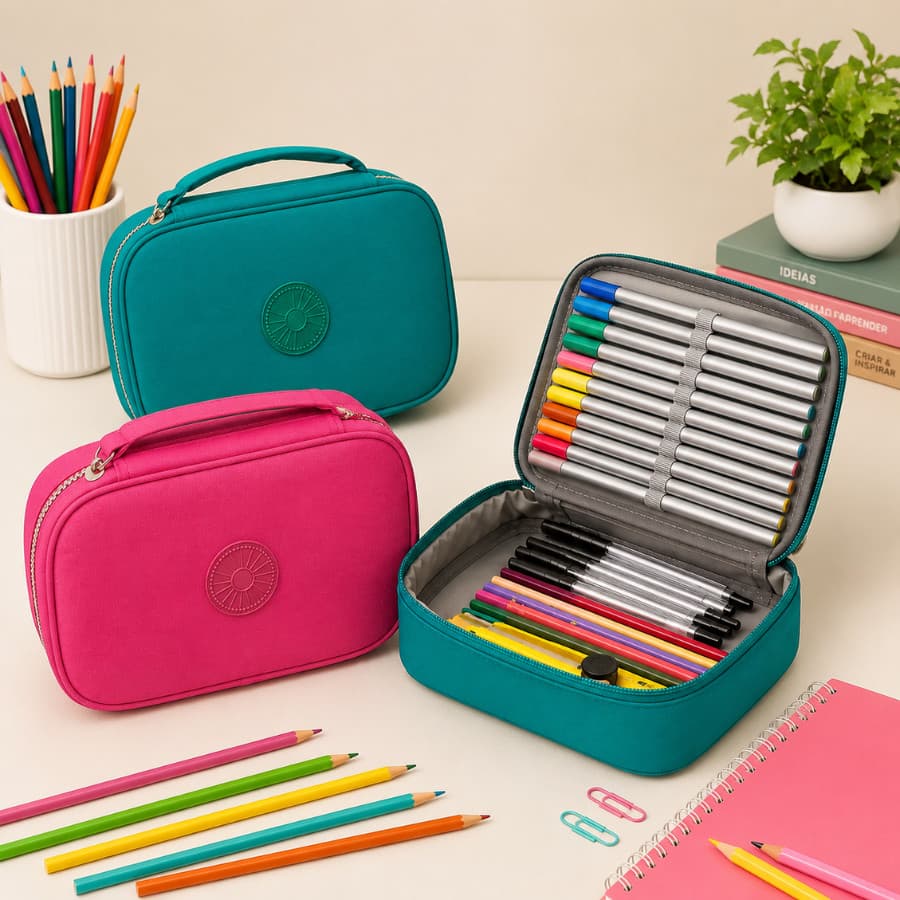 Estojo 100 pens Organizador Escolar Menino Menina Box Jumbo Nylon Tactel