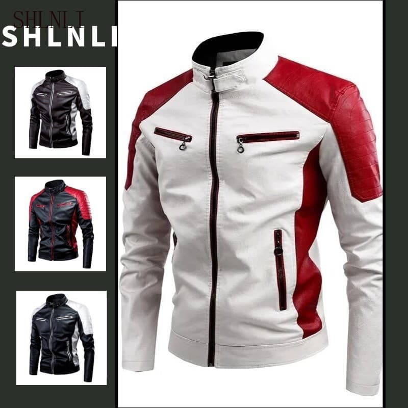 Jaqueta Masculina Retrô Casual de Couro PU para Outono Inverno, Jaqueta de Motociclista Americana com Contraste