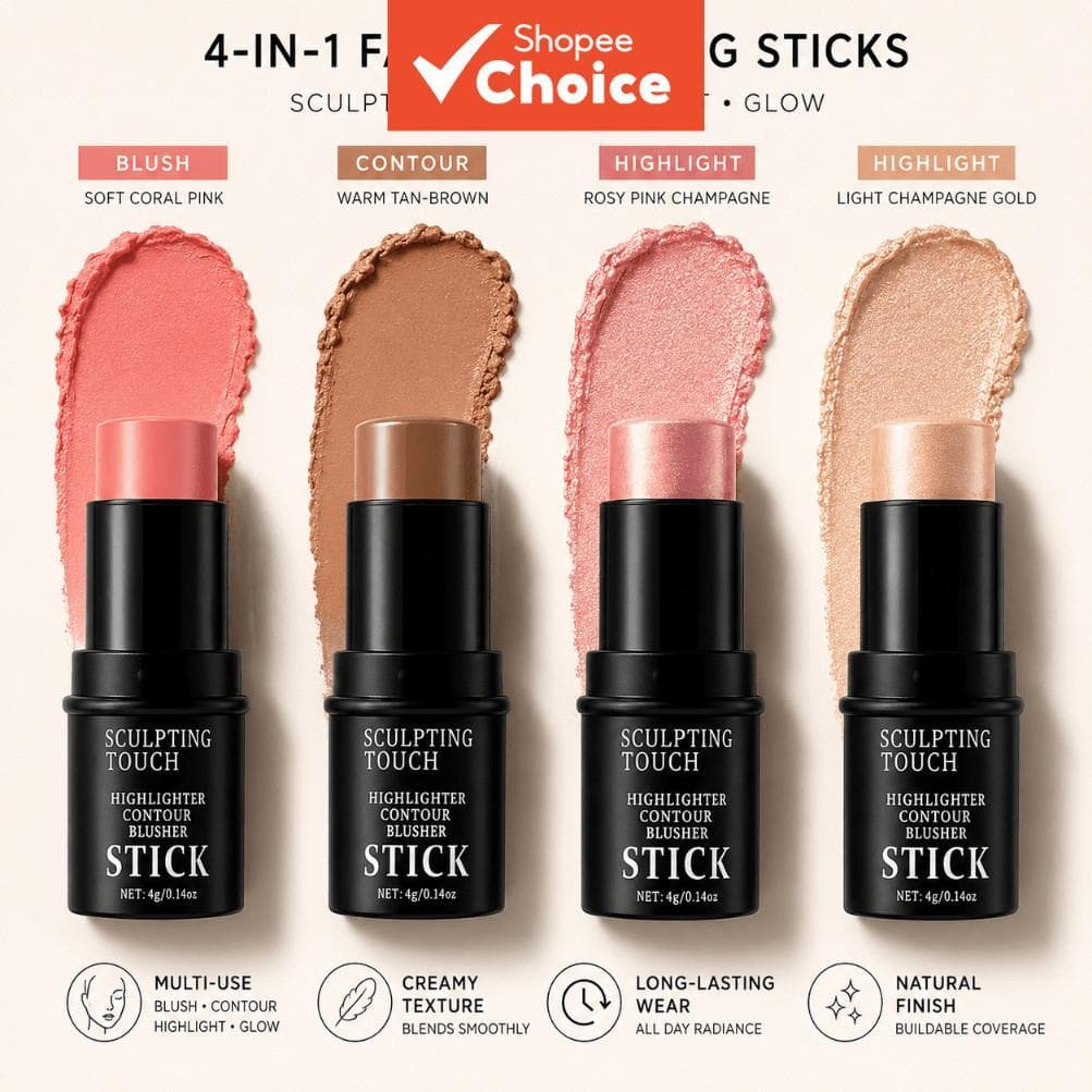 Conjunto De Escultura Facial , 4 Unidades-Creme Blush , Contorno E Iluminador , Esponja-Kit De Bochecha Multiuso Misturá