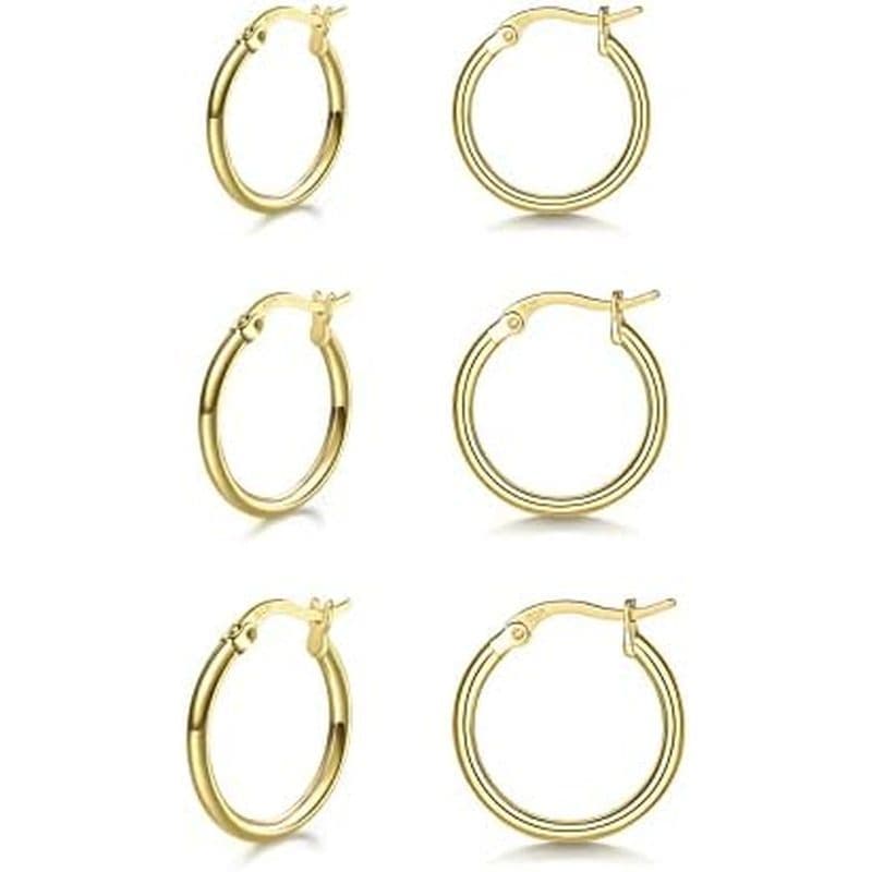3 Pares De Brincos De Argola Em Prata Esterlina 925 | Banhados A Ouro Branco Para Mulheres (13 Mm , 15 , 20 , 25 , 30 ,