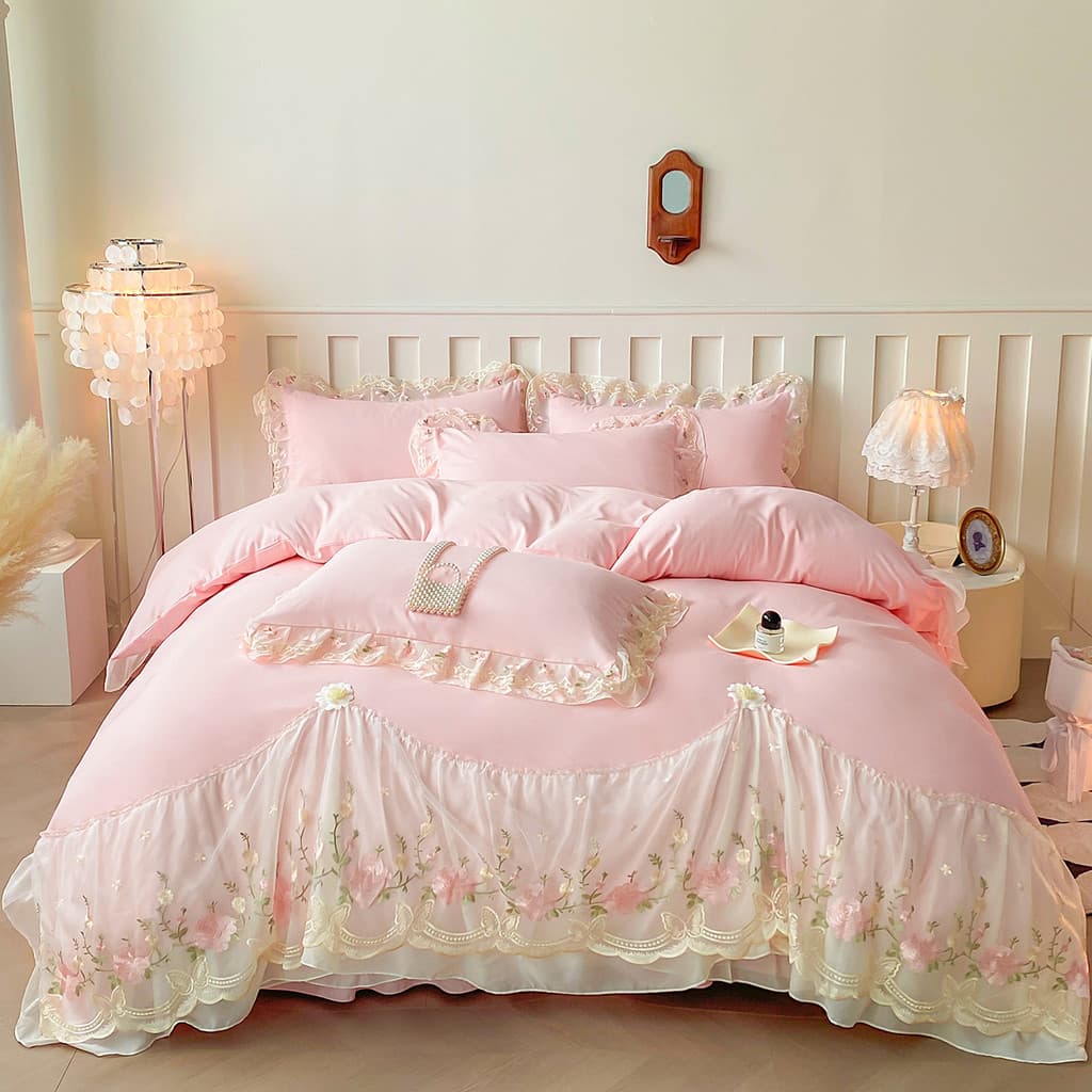 Conjunto de quatro peças de cama rosa francesa estilo princesa algodão puro renda colcha capa lençol saia conjunto de tr