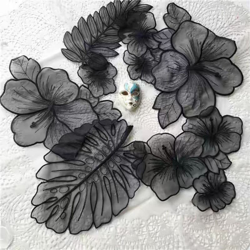 Conjunto de 5 peças de apliques bordados de folhas e flores em organza, apliques florais transparentes, adequados para v