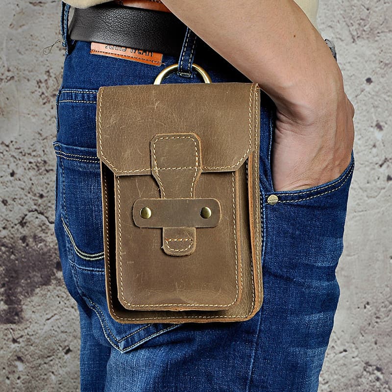 Novo estilo de couro genuíno para celular bolsa de cintura pequena bolsa de cigarro masculina retrô multifuncional prime