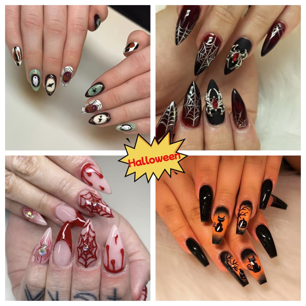 30 peças de unhas postiças de Halloween em formato de amêndoa, estilo gótico escuro, com padrões de fantasmas, morcegos