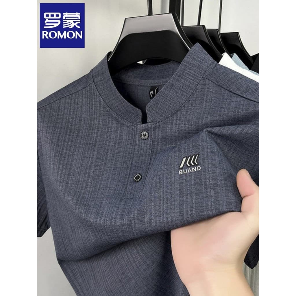 Lomon pequeno gola alta botão de manga curta camiseta masculina 2026 verão novo chinês masculino High-End macio e confor
